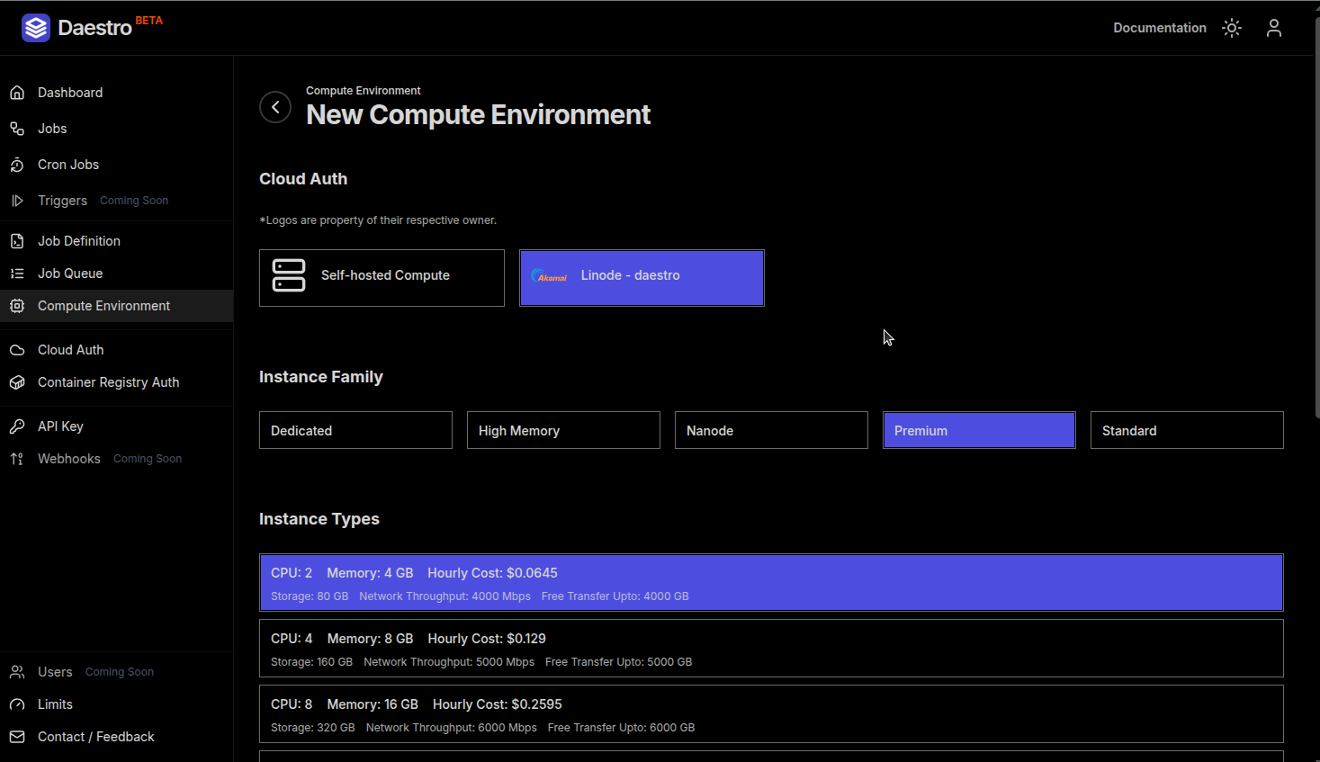 Daestro Console: Add New Compute Environment