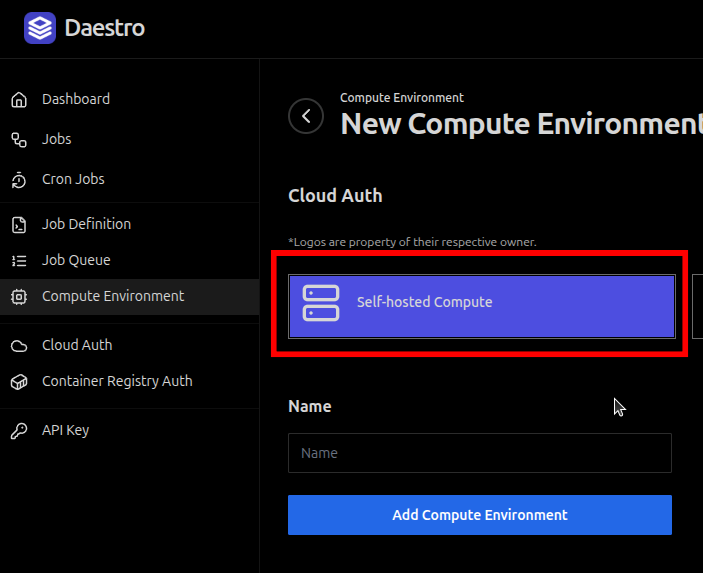 Daestro Console: Add New Compute Environment